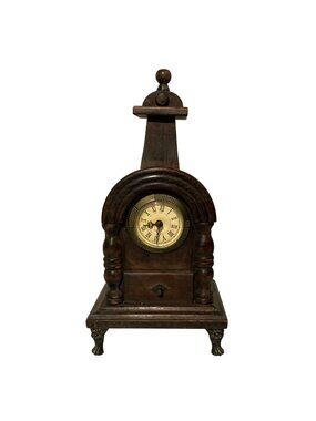 Old Wood Mantel Clock Roman Numeral Dial With Metal Dragon Feet
